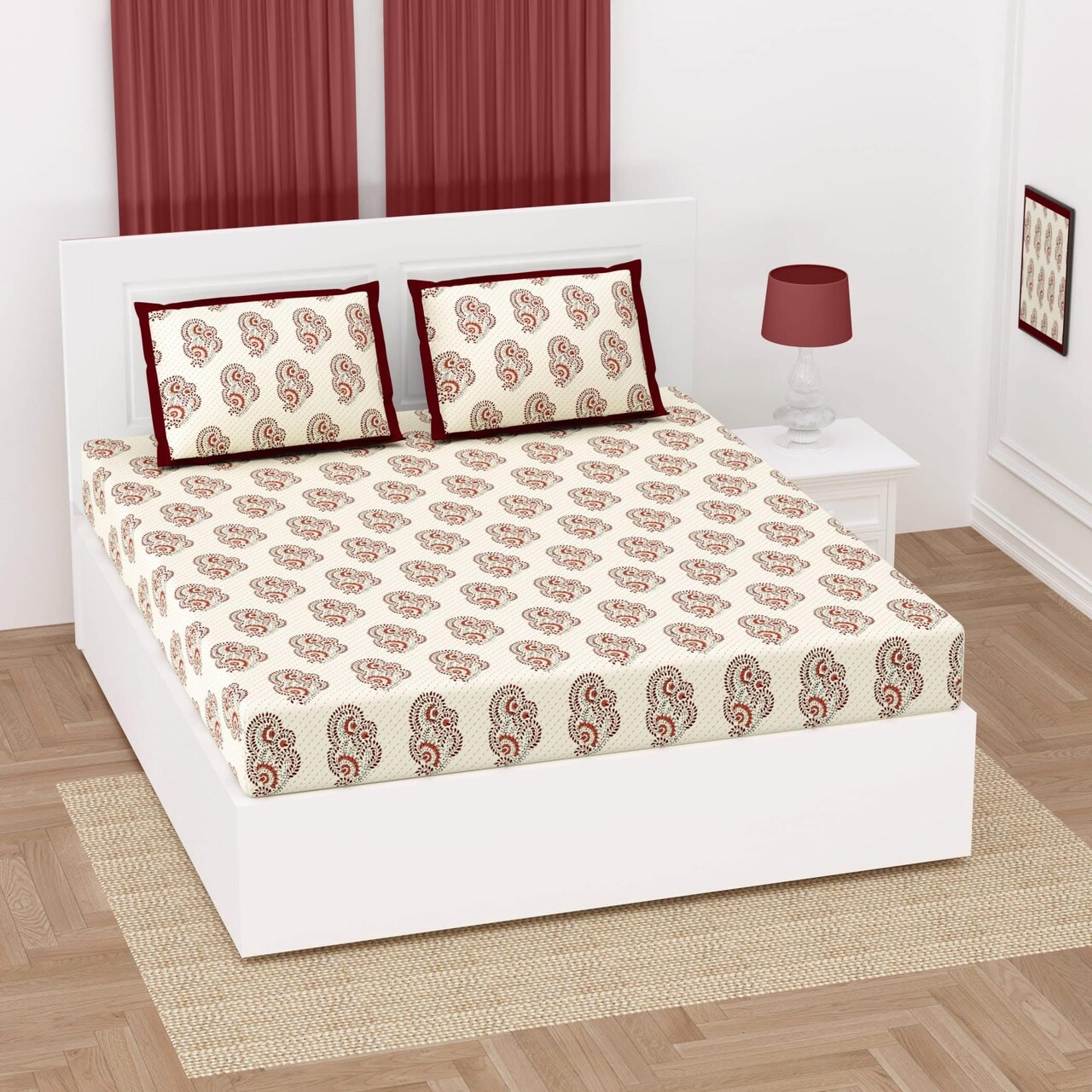 Floral Block Print 3 Pcs Fitted Indian BedSheet Set 150 Thread Count 100% Cotton Ethnic Premium Soft & Breathable Bedding Set Home Decor Sheets (king, Queen)